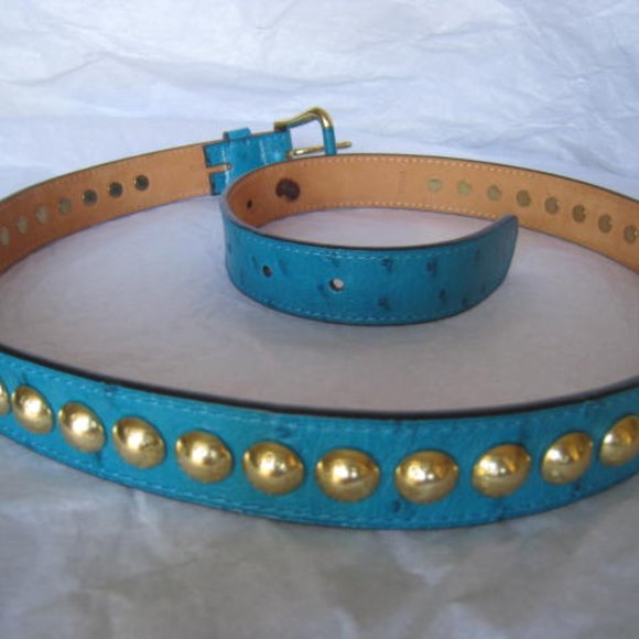 Extremely Rare Blue Stud Limited Edition Exotic Ostrich Skin Leather Belt Jeans - Picture 7 of 13